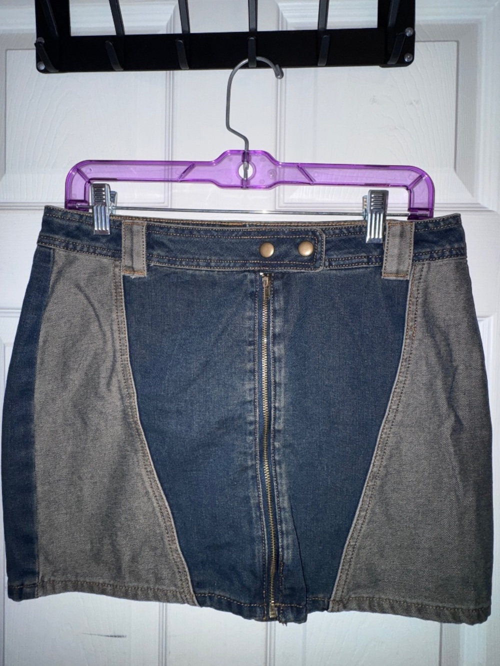 Forever 21 Zipper Front Color Block Denim Mini Skirt